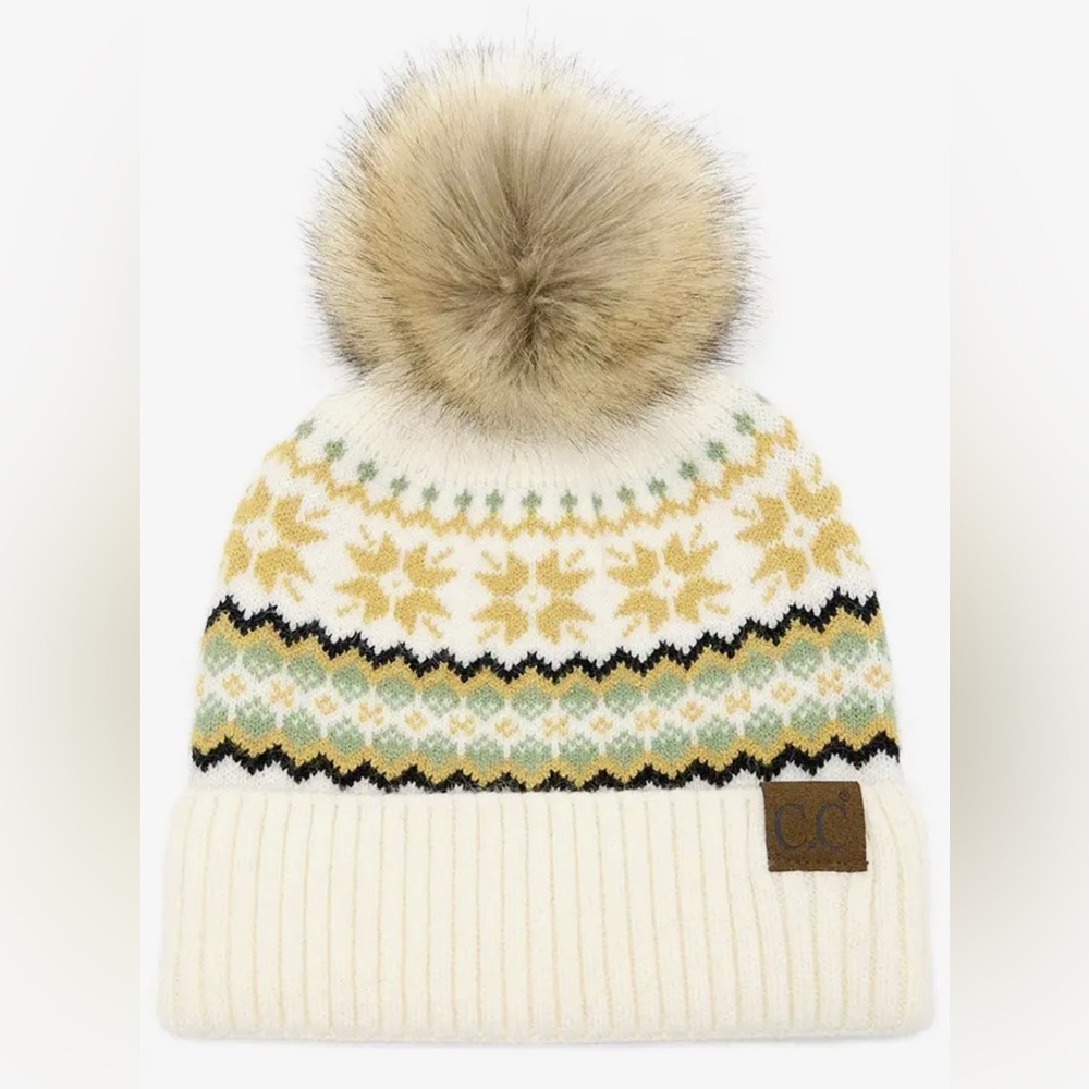 C.C. Nordic Fair Isle Pom Beanie-Ivory